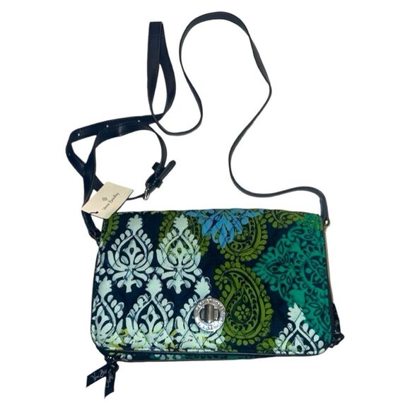 Vera Bradley Crossbody Wallet Quilted‎ Turn Lock Floral Green Blue - Picture 1 of 15